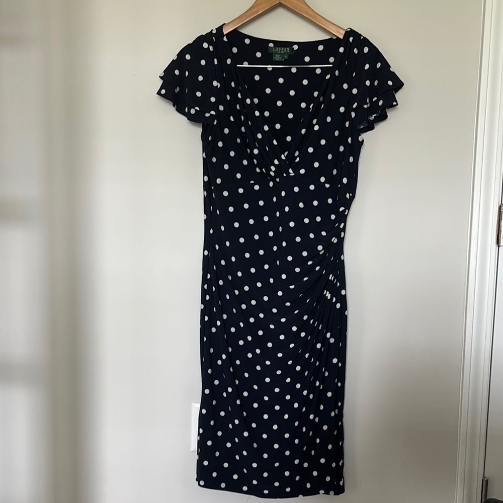 Lauren Ralph Lauren Flutter Sleeve Polka Dot Faux Wrap Dress Sz 12 EUC